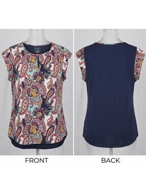 🌺 Van Heusen Paisley Mixed Media Blouse XL Cap Sleeve Top 12-11 🌺